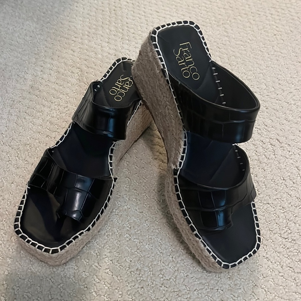 Women’s Franco Sarto genuine black leather wedge sandals, size 8.